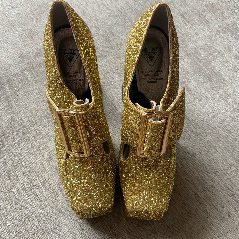 John Fluevog Gold Mega Munster Original Baroque Platform Heels - Picture 4 of 17